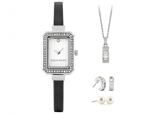 Pierre Cardin  Gift Set PCX6530L280 Jewelry Collection with Womens Watch in Silver, 2 sets of earrings and necklaces in gift box
