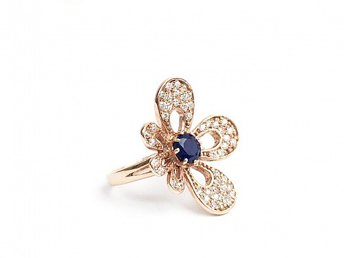 Handmade Sterling Silver Ring with Gold 925 and Zircon Blue Gem in Rose Gold Color