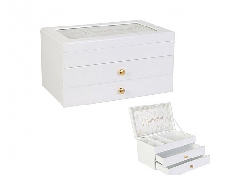 Wooden Jewelry Case Jewelry box with 3 levels and drawers in white color, 24x13x15 cm, jewelry box