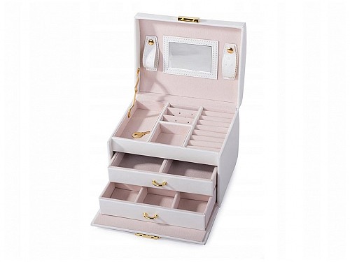 Jewelry Box Dresser with Mirror Key Drawers in Eco Leather in White, 12x17x13.5 cm