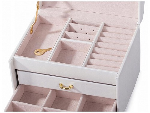 Jewelry Box Dresser with Mirror Key Drawers in Eco Leather in White, 12x17x13.5 cm