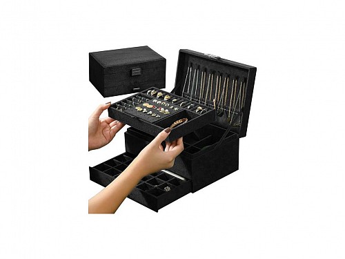 Jewelry box jeweler with 4 levels in black, 24.5x17.5x11.5 cm