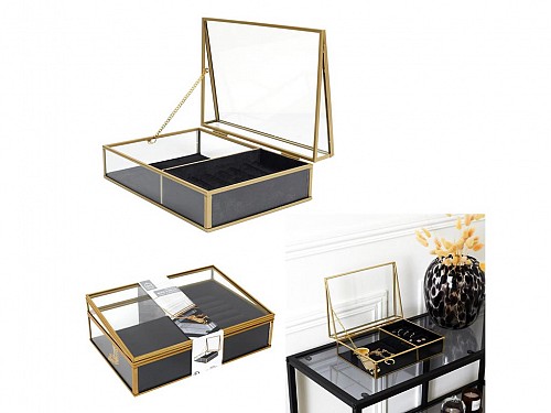 Glass Jewelry Box Jewelery box with 2 compartments and metal gold frame, 23x16x8 cm